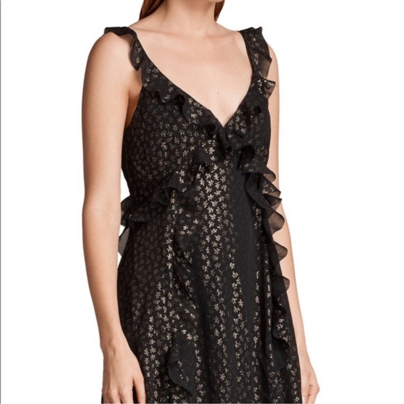 ALLSAINTS DARELL RUFFLE DRESS: V neck black and gold - Picture 1 of 9